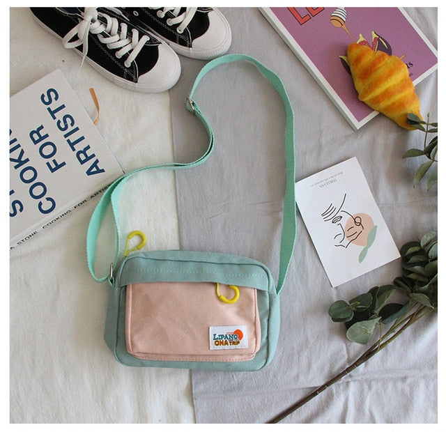 South Korea ins Academy Girls Contrast Messenger Bag Female Student Arts Little Fresh Soft Sister Canvas Bag