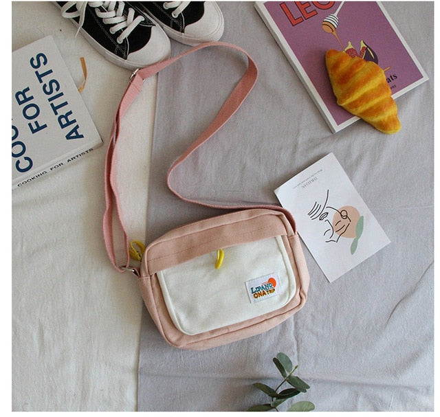 South Korea ins Academy Girls Contrast Messenger Bag Female Student Arts Little Fresh Soft Sister Canvas Bag