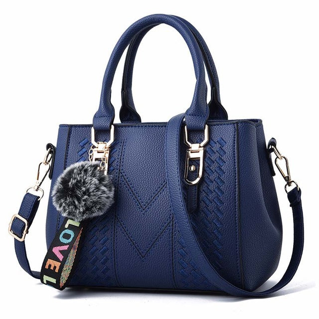 Embroidery Women Handbags with Fur Ball Designer PU Leather Shoulder Messenger Bag Office Lady Crossbody Tote Bag Female Purse