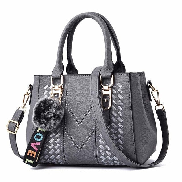 Embroidery Women Handbags with Fur Ball Designer PU Leather Shoulder Messenger Bag Office Lady Crossbody Tote Bag Female Purse