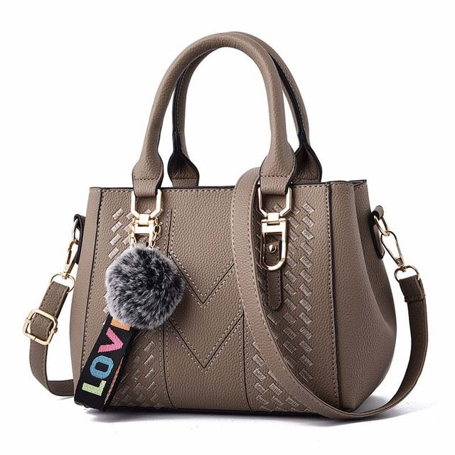 Embroidery Women Handbags with Fur Ball Designer PU Leather Shoulder Messenger Bag Office Lady Crossbody Tote Bag Female Purse