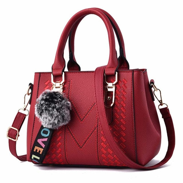 Embroidery Women Handbags with Fur Ball Designer PU Leather Shoulder Messenger Bag Office Lady Crossbody Tote Bag Female Purse