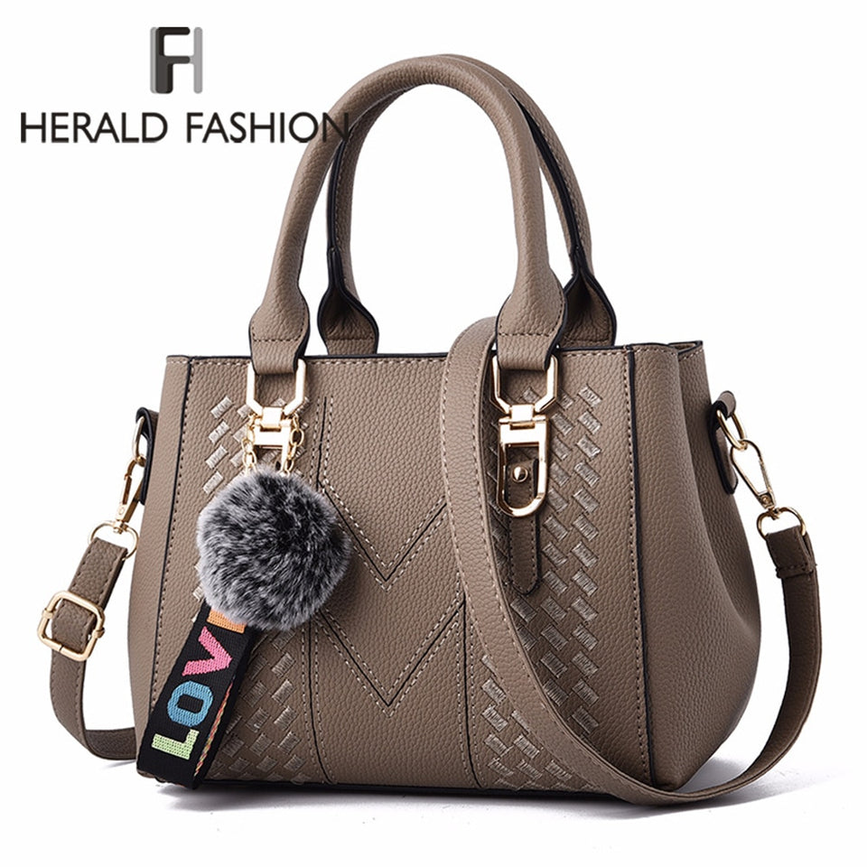Embroidery Women Handbags with Fur Ball Designer PU Leather Shoulder Messenger Bag Office Lady Crossbody Tote Bag Female Purse